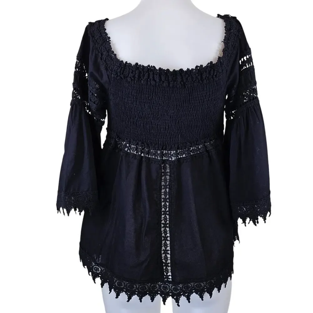 Venus Black Boheimian Hippy Gothic Knit Lace Women's Blouse L
